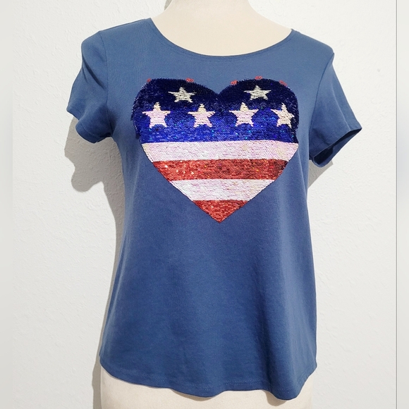 S O  4th Of July Heart Sequin Flag T-shirt Red White And Blue Size XL - Picture 1 of 8